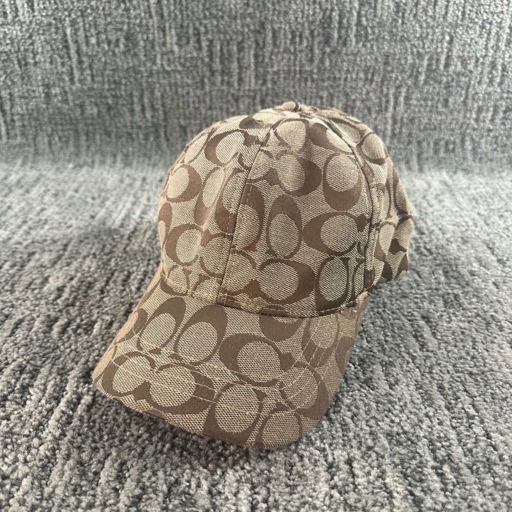 Coach Hat Mens M/L Signature Monogram Brown Adjustable Leather Strapback USA VTG